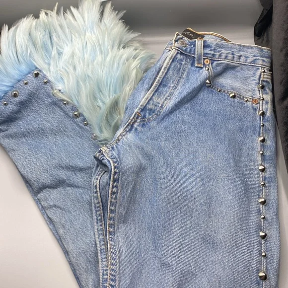 Vintage Levi’s redesign by Charlotte f with real feather detail o de legs sides